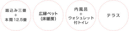 三畳＋本間12.5畳、広縁9.9㎡、内風呂＋ウォシュレット付きトイレ