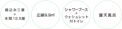 三畳＋本間12.5畳、広縁9.9㎡、内風呂＋ウォシュレット付きトイレ、テラス