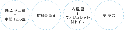三畳+本間12.5畳、広縁9.9㎡、内風呂+ウォシュレット付きトイレ、テラス